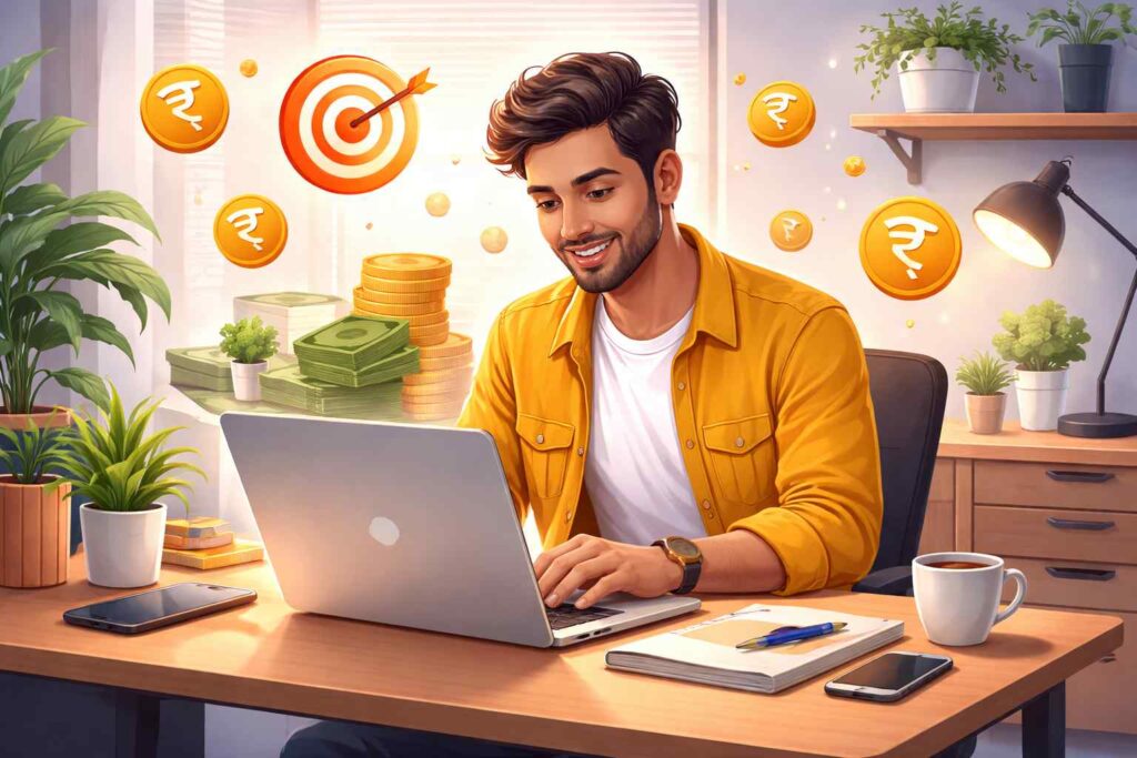 Affiliate Marketing Se ₹2000 Daily Kaise Kamaye (2026 Easy Guide) Indian person earning money online with affiliate marketing using laptop in modern workspace with rupee symbols
