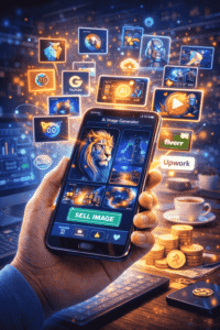 Mobile Se AI Ka Use Karke Paise Kaise Kamaye (2026 Guide) AI images banakar online paise kamane ka concept with smartphone and AI image generator tools