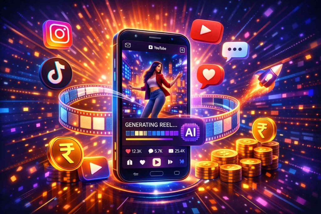 AI Se Instagram Reels Banakar Paise Kaise Kamaye (2026 Guide) AI tools se Instagram reels banakar online paise kamane ka concept mobile par