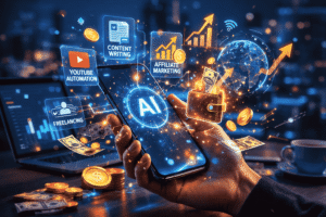 Mobile Se AI Ka Use Karke Paise Kaise Kamaye (2026 Guide) Artificial intelligence helping people earn money online using smartphone