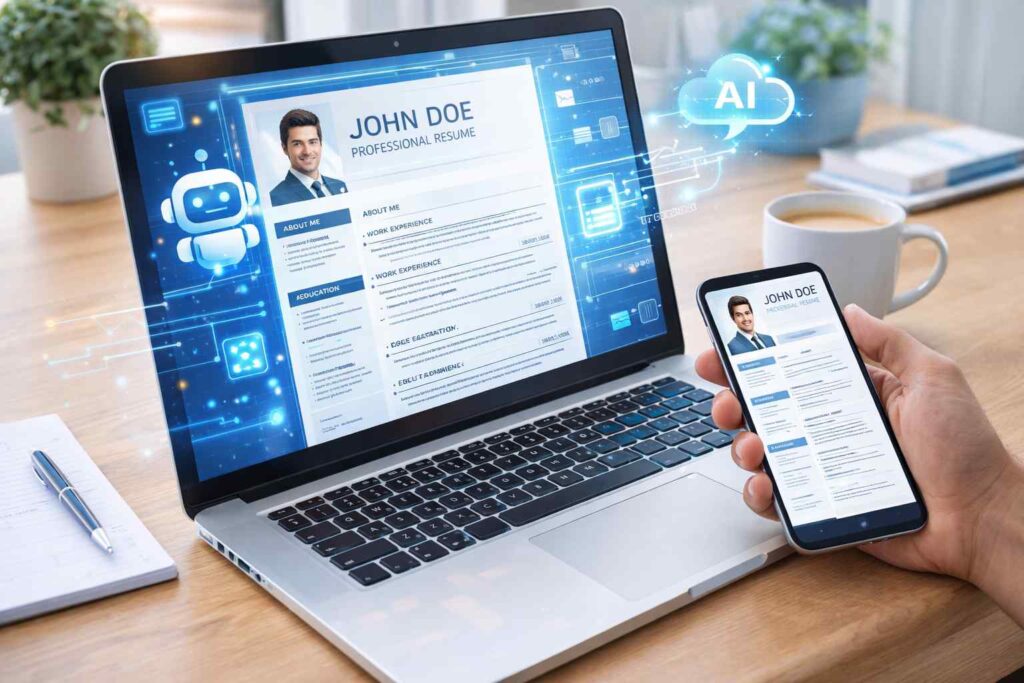 AI Se Resume Banakar Paise Kaise Kamaye AI tools se professional resume bana kar online paise kamane ka concept mobile aur laptop par