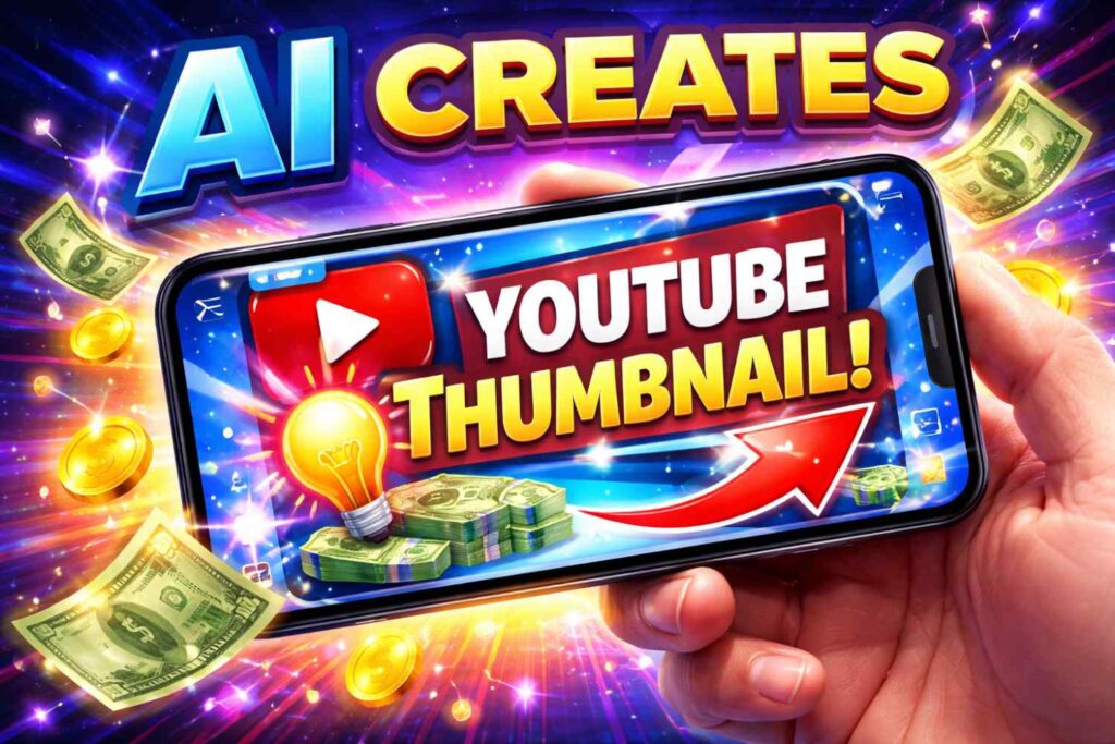 AI tools se smartphone par YouTube thumbnail bana kar online paise kamane ka concept