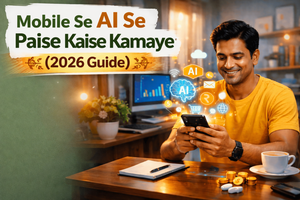 Mobile Se AI Ka Use Karke Paise Kaise Kamaye (2026 Guide) Mobile se AI tools ka use karke online paise kamane ka concept with smartphone and artificial intelligence technology