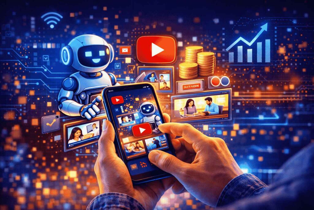 YouTube Automation Channel Kaise Banaye (2026 Guide) AI tools se mobile par YouTube automation video bana kar online paise kamane ka concept