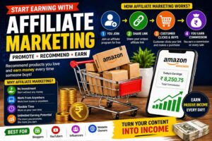 Amazon Affiliate se ₹500 Daily Kaise Kamaye (Beginner Guide 2026) affiliate marketing concept with shopping cart and online earning through affiliate links
