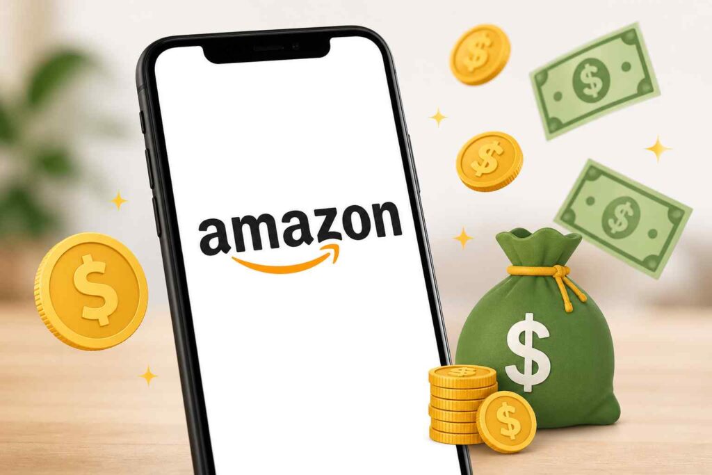 Smartphone displaying Amazon logo with floating coins, cash notes, and money bag icons representing online earning and affiliate income concept