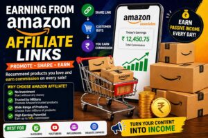Amazon Affiliate se ₹500 Daily Kaise Kamaye (Beginner Guide 2026) earning from amazon affiliate links using smartphone and online shopping cart affiliate marketing concept