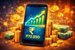 Smartphone showing online income growth chart with rupee symbols and digital earnings concept