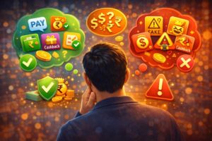 Mobile user earning apps ke bare mein soch raha hai with fake app warning icons and safe online earning concept