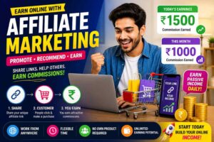 Affiliate marketing concept with shopping cart, money coins and smartphone, showing digital earning, commission income and online business idea