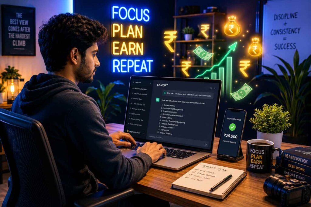 Young Indian freelancer using ChatGPT on laptop in a modern digital workspace with glowing rupee symbols, online earning concept, neon lighting, smartphone, and productivity setup.