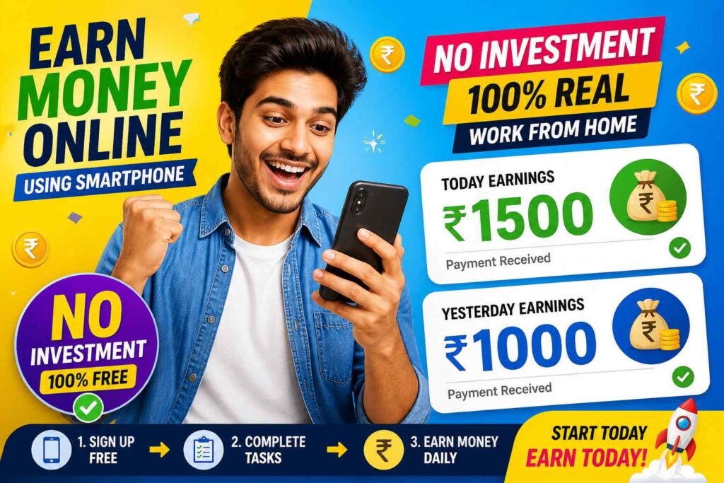 Person earning money online using smartphone with rupee symbols, no investment concept, bright colorful background showing daily earnings and work from home idea