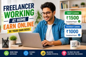 Freelancer working on laptop at home in a modern workspace, online earning concept with rupee symbols and professional home office setup
