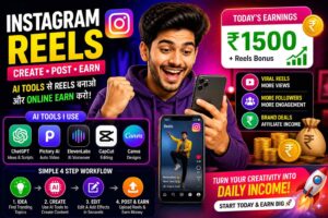 Instagram reels creation on smartphone using AI tools, showing earning icons, money coins and digital income concept with social media content creation