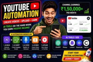 YouTube automation concept with AI tools creating videos on mobile, showing digital earning, passive income and online content creation workflow